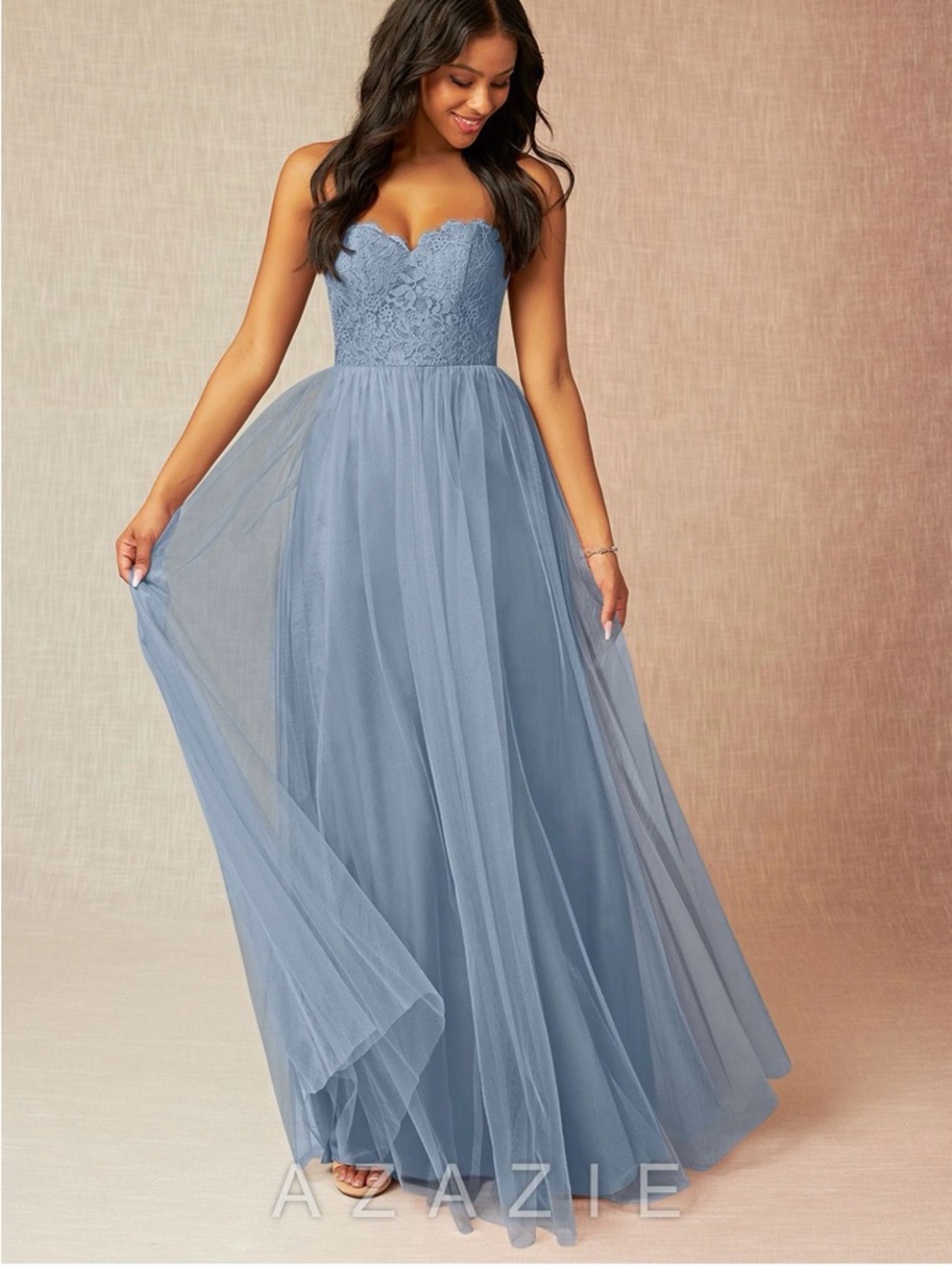 Azazie Dusty Blue Strapless Lace Sweetheart Tulle Gown